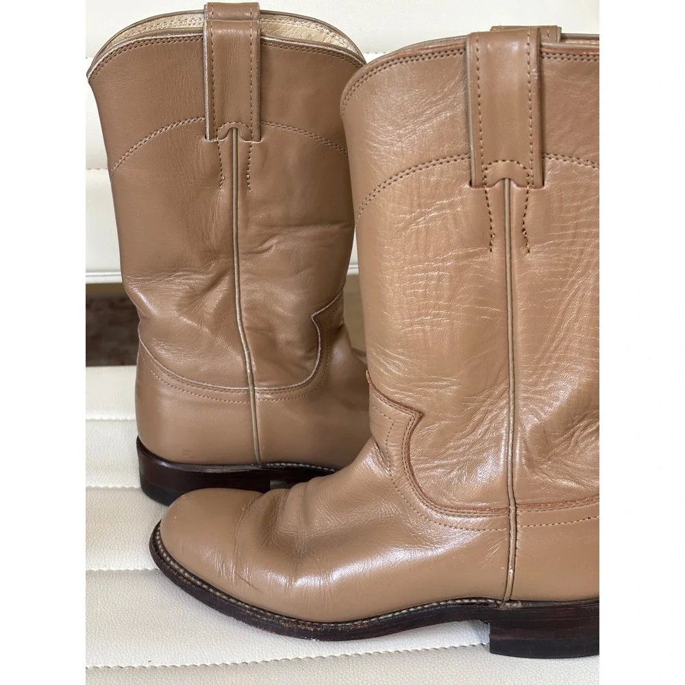Justin Tan‎ Leather Roper Boots Round Toe Western Equestrian Low Heel Womens 4.5